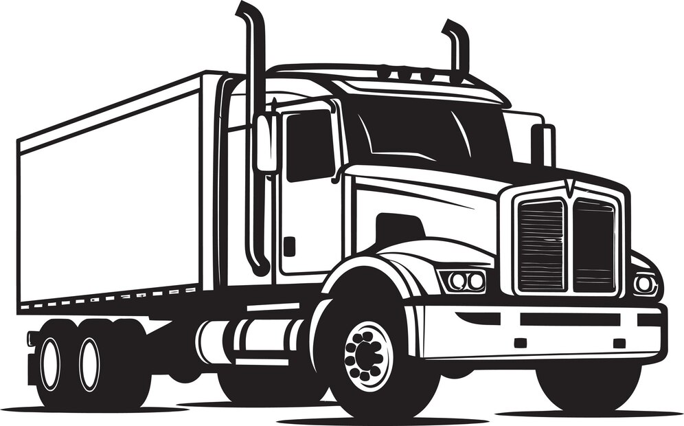 Black and white illustration of a semi-trailer truck.