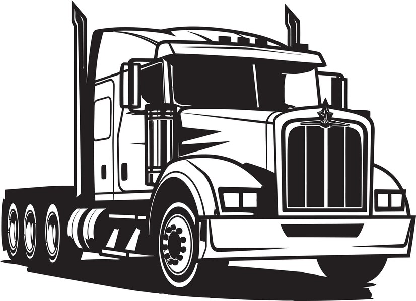 Black and white illustration of a semi-truck