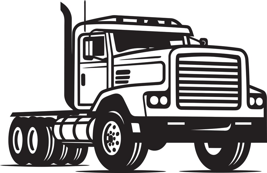 Black and white illustration of a semi-trailer truck.